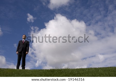 a businessman standing alone in a field