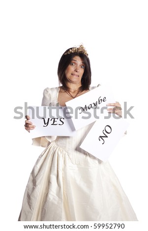 Bride thinking about the answer from a marry proposal (isolated on white)