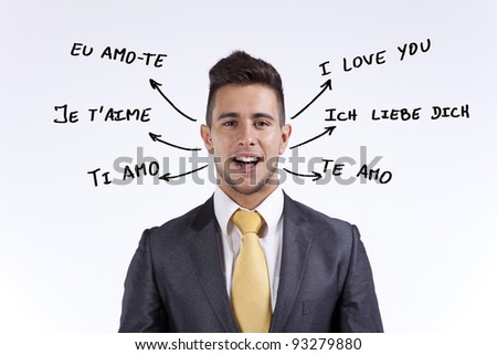 Happy businessman saying I Love You in portuguese, french, english, italian, spanish and german