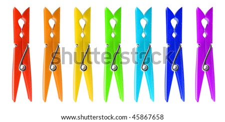 Seven Many-Colored Clothespins Isolated On White Background. Stock ...