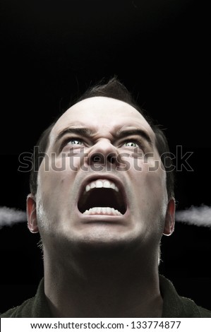 Furious, Screaming Man Looking Upward With Steam Coming From His ears