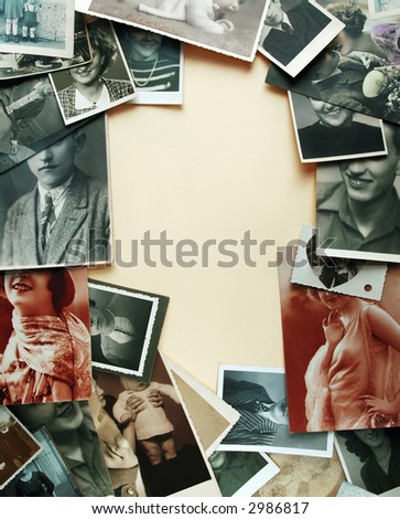 Vintage mouths - border of very old photographs on yellowish background