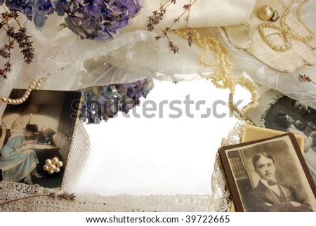 Vintage background with photographs, dried flowers and pearls