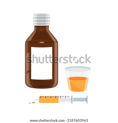 Liquid medicine in a bottle and cup.