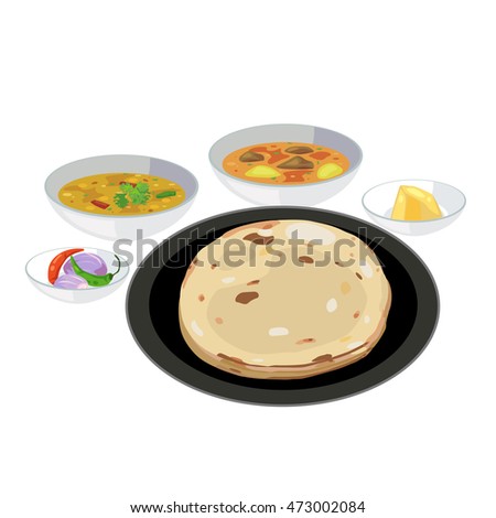 Roti bread vector in plate with curry and butter.
