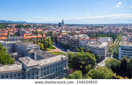 Panorama of the city center, Zagreb capitol of Croatia, with mail buildings, museums and cathedral in the distance.