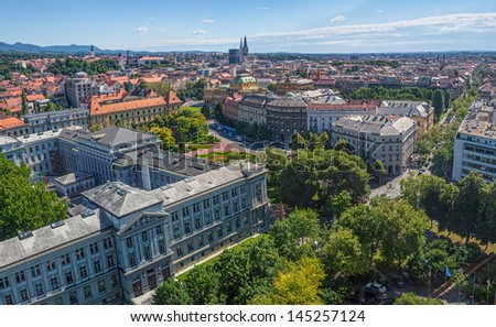 ZAGREB, CROATIA - JUNE 12: Panorama of the city center shoot from top of the skyscraper with a view to the museum Mimara and and cathedral in the distance on June 12, 2013 in Zagreb, Croatia.