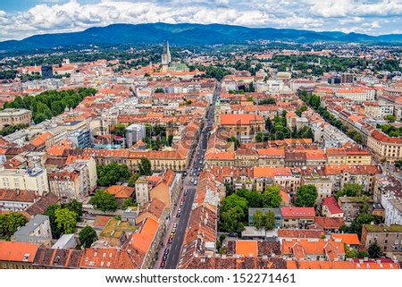 Helicopter aerial view of Gunduliceva street in the center of the city, Zagreb capital of Croatia.