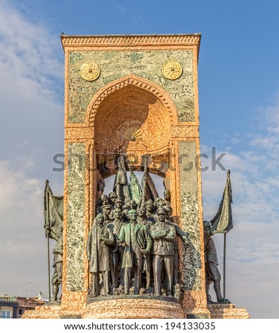 ISTANBUL, TURKEY - SEPTEMBER 28, 2013: Republic Monument on Taksim Square is a major tourist attraction.