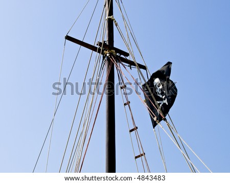 Pirate flag on the sailboat waving in the wind