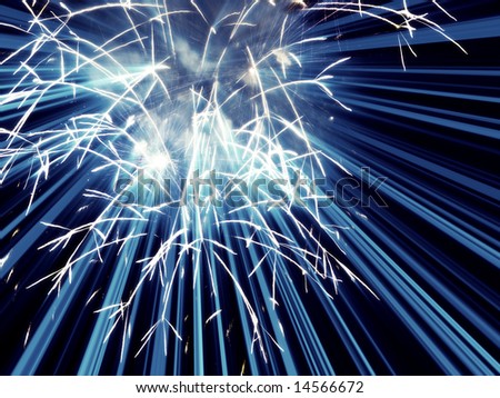 Digitally enhanced firework.  Blue rockets with light rays in background.