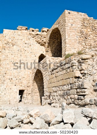 Detail of crusader castle Al - Kerak (Karak) in Jordan, Asia with stairs going up.