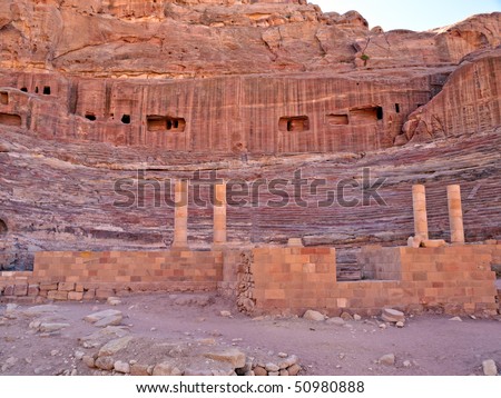 Petra panoramic view - Nabataeans capital city (Al Khazneh) , Jordan. Made by digging in the rocks. Roman Empire period. Amphitheater detail.