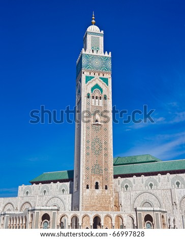 Minaret of King Hassan II mosque in Casablanca, Morocco.