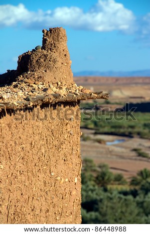 Mud detail of houses in fortified City (Ksar) with Mud Houses in the Kasbah Ait Benhaddou near Ouarzazate, Morocco. Souss-Massa-DraÃ¢ region. UNESCO World Heritage Site since 1987