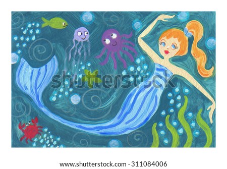water color little happy mermaid under the sea with octopus star fish guppy  jelly fish and crab hand painted fantasy