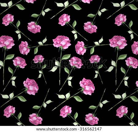 flowers rose watercolor original pattern seamless design  Black Background