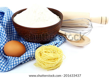 Supplies and ingredients for baking or making pasta , isolated on white background.