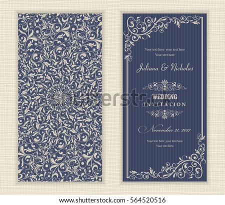 Set of vintage Wedding Invitation card with Mandala pattern. The front and rear side. Beautiful Victorian ornament. Frame with floral elements. Vector illustration.