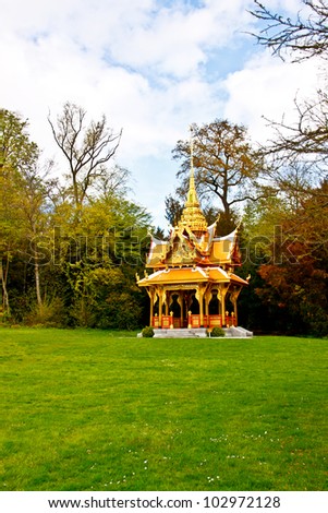 Thai pavilion in the park at Lausanne, Switzerland. The pavilion is the gift from King Bhumipol, the king of Thailand, to Switzerlnad.