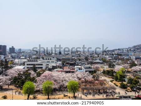NAGANO-APR 17: Matsumoto city from the top of Matsumoto castle in Nagano, Japan on April 17, 2014. The city is surrounded by mountains and is acclaimed for its beautiful views and calm climate.