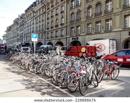BERN APR 11: Bicycles parking area near the train station in Bern, Switzerland on April 11, 2011. Using bicycle is convenient way for transportation in many of big cities in Europe.