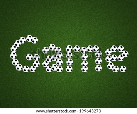 Game message on soccer field center and ball top view background