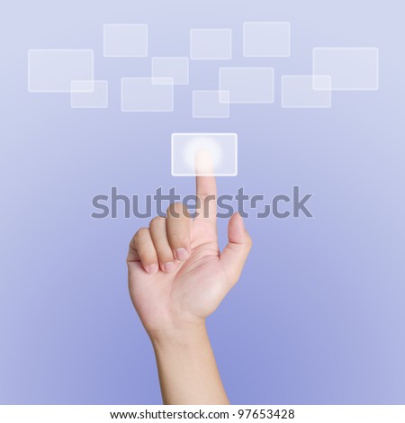 Hand pointing, touching or pressing on purple background
