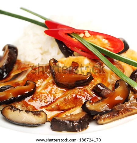 Chicken fillet and mushrooms, gourmet restaurant food background