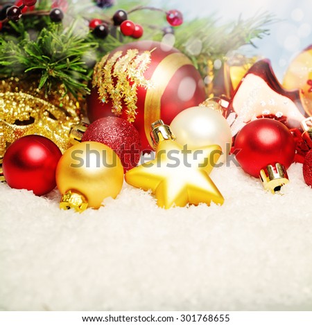 Christmas Decor on White Snow. Bright Xmas Card Background with Copy Space