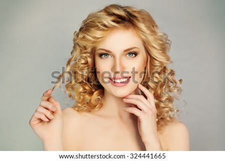 Pretty Girl with Curly Hair and Toothy Smile. White Teeth, Blond Hair