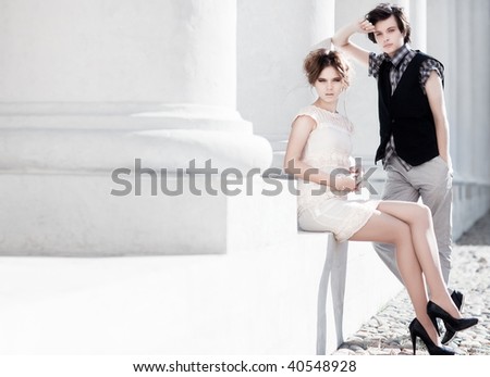 Young couple fashion. Bright white colors.