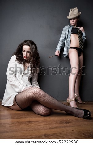 Two women conflict concept. Wide angle view.