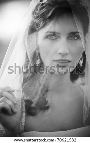 Young bride portrait. Black and white colors.