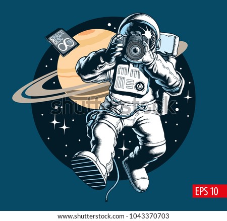 Astronaut taking a photo in space. Digital camera and memory card. Saturn planet and stars on background. Space tourist. Vector illustration.