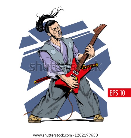 Samurai in kimono playing electric guitar. Vector illustration.