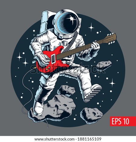 Astronaut playing electric guitar in space. Stars and asteroids on background. Vector illustration.
