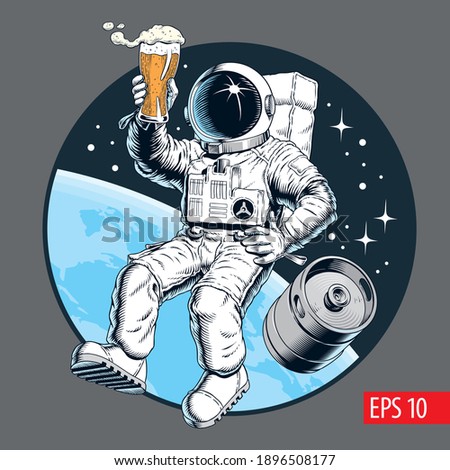 Astronaut holds a beer pint and beer keg in outer space. Vector illustration.