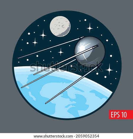 Sputnik one the first artificial satellite. Planet Earth, Moon and stars on background. Comic style vector illustration. 