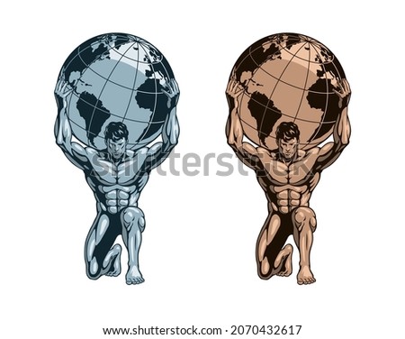 Atlas or Titan holding the globe on his shoulders. Bodybuilder athlete statue, gold or bronze and iron versions. Vector illustration. 
