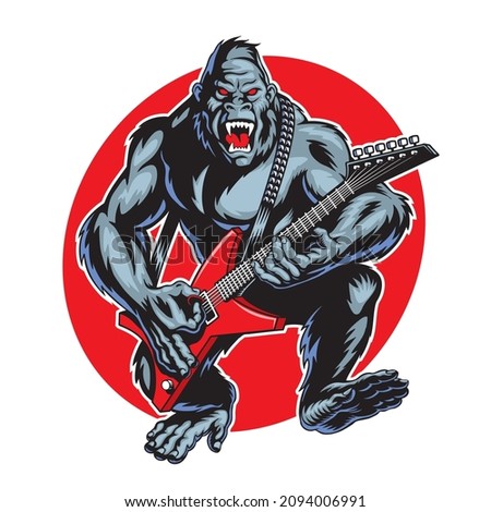 Gorilla playing electric guitar. Cool ape  rocker mascot. Comic style vector illustration.