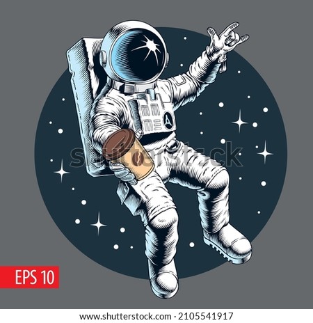 Astronaut holding a coffee cup in outer space. Coffee to go or space cafe concept. Vector illustration.