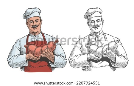 Butcher holds a sausage isolated on white background. Meat factory production man worker portrait. Chef in uniform and apron. Engraving style vector illustration. Good for a label or packaging design.