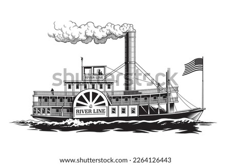 Paddle streamer, wheel passenger steamboat, riverboat or retro boat isolated on white background, engraving style black and white vector illustration