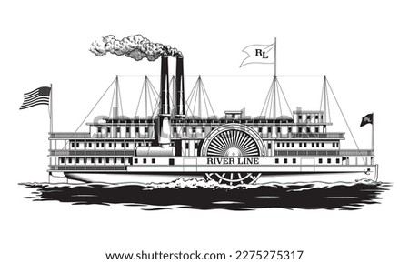 Paddle steamer, wheel steamboat, passenger riverboat or retro boat isolated on white background, engraving or etching style black and white vector illustration