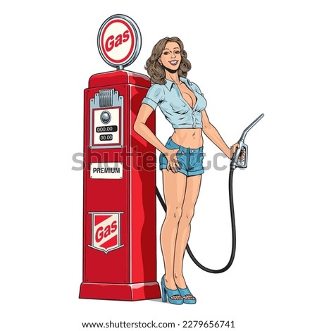 Pin up woman gas station and vintage fuel pump car service isolated on white background. Comic style vector Illustration.