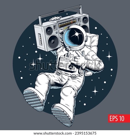 Astronaut holding ghetto blaster cassette player or boombox in the outer space and listing music. Space dj beat party vintage comic style vector illustration