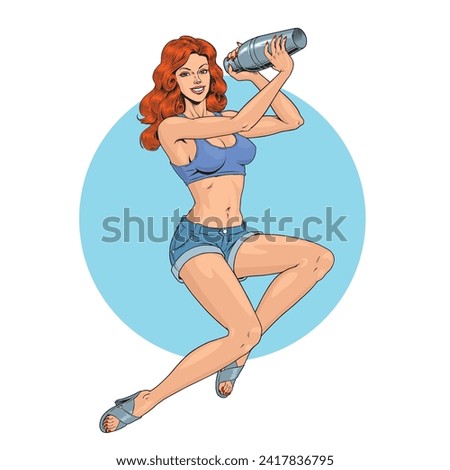 Woman holding cocktail shaker bottle. Attractive female bartender or barmaid making alcoholic cocktail isolated on the white background. Vintage pinup style vector illustration.