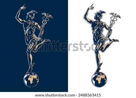 
Mercury or Hermes and Earth globe, patron god of trade, commerce, financial gain and communication, in winged helmet, holding caduceus staff, isolated on the white background. Vector illustration