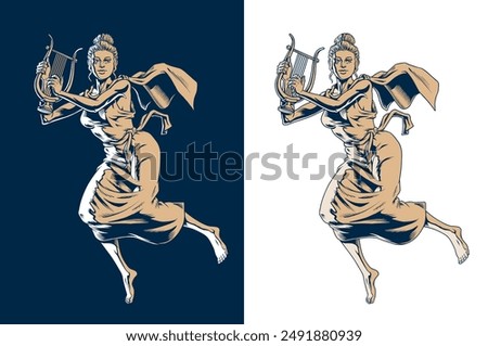 Muse playing the lyre. Greek goddess Terpsichore or Calliope, young woman in dress soaring, isolated on the white background. Classic music, poetry, dance or theater concept. Vector illustration.